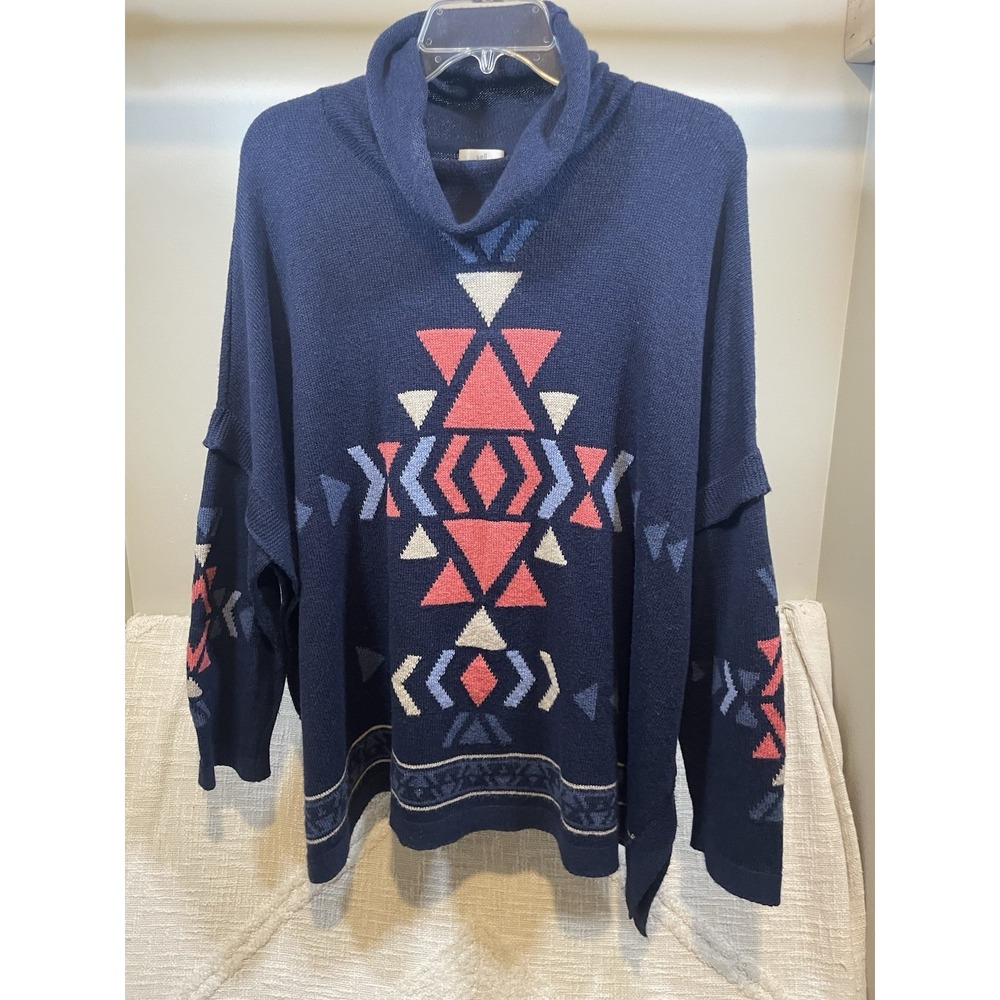 J.Jill Intarsia Funnel Neck Indigo Blue Southwest Aztec Poncho Sweater L